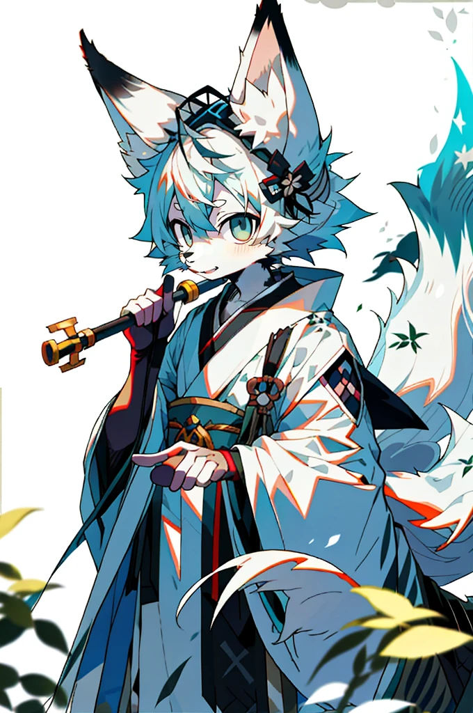 Depth of Field,Perfect lighting,Light Particles,(Best quality),(Top quality)(masterpiece),(Extremely detailed),arctic fox,White毛皮,White ears,Clear focus,Sharp eyes,blue eyes,hairy的,Komono,Japanese clothing,arctic fox,White,hairy,Shirao,Long Tail,White hair