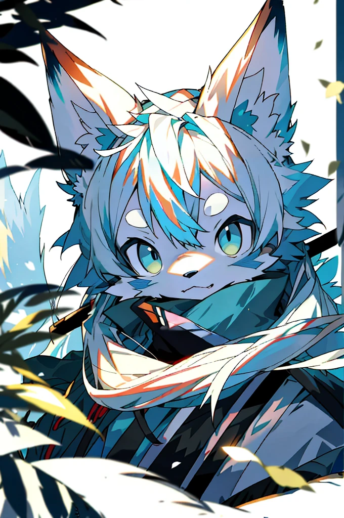 Depth of Field,Perfect lighting,Light Particles,(Best quality),(Top quality)(masterpiece),(Extremely detailed),arctic fox,White毛皮,White ears,Clear focus,Sharp eyes,blue eyes,hairy的,Komono,Japanese clothing,arctic fox,White,hairy,Shirao,Long Tail,White hair