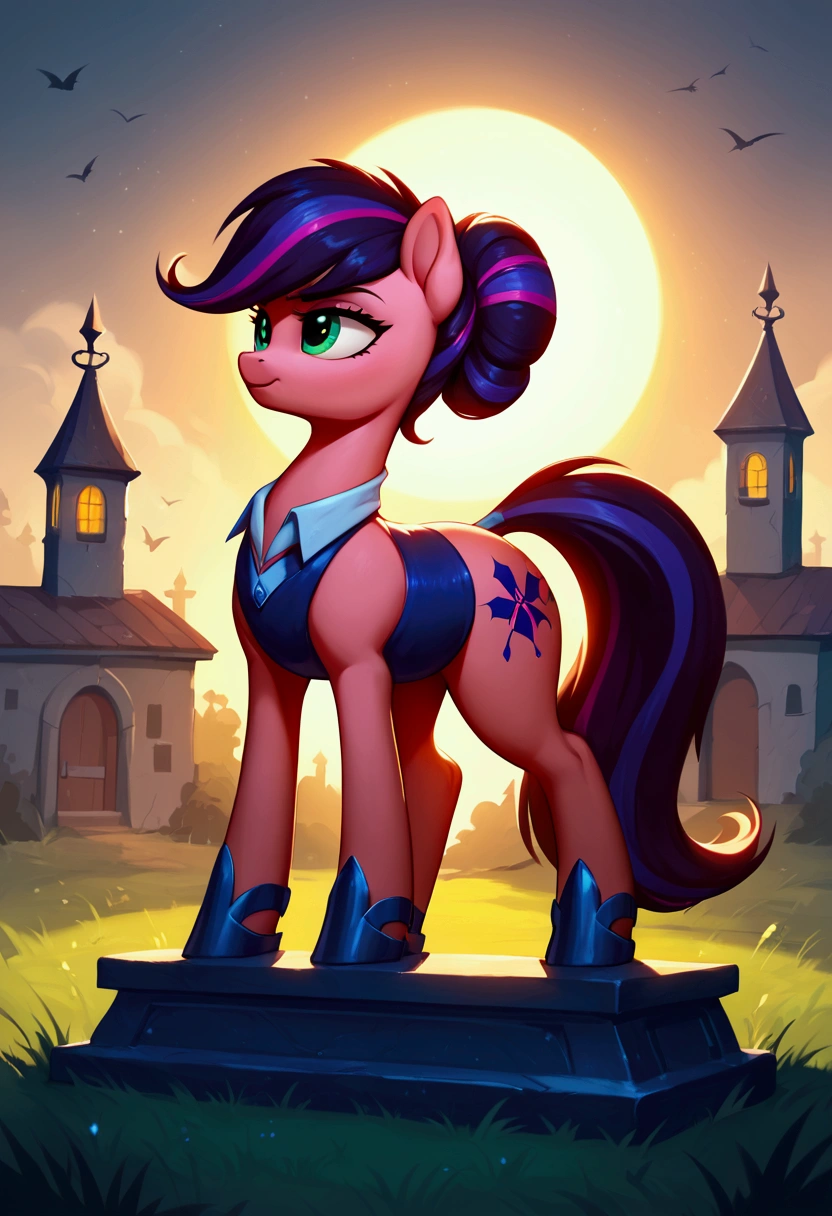 score_9,score_8_up,score_7_up,score_6_up, ((my little pony)), radiant lighting, vibrant colors, whimsical atmosphere, 8K, high resolution, highly detailed, masterpiece, (stern look), big butt, on the tombstone, ((pony body)), (((Marinette Dupain-Cheng from Lady Bug:1.1)))
