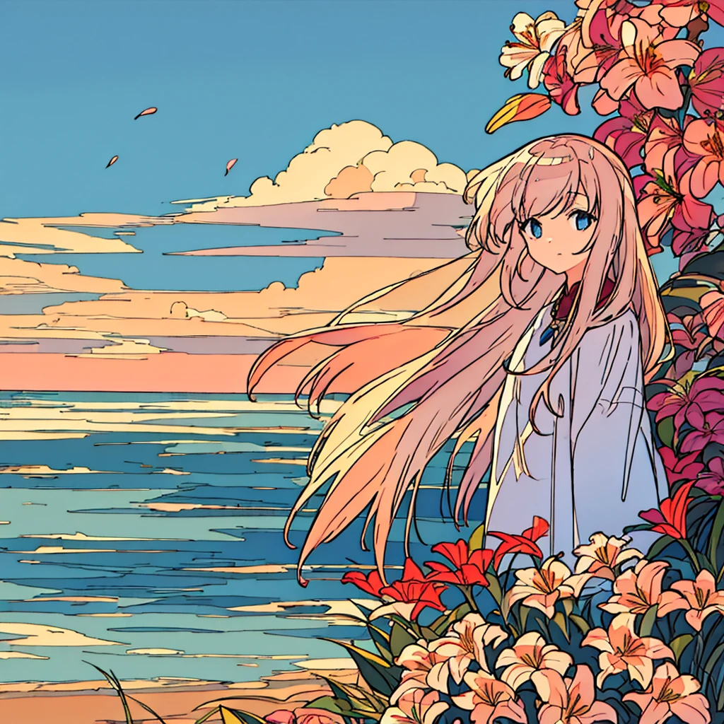 Plain sunset colored background, girl in white with bronze hair, lily flower, simple, chic, summer