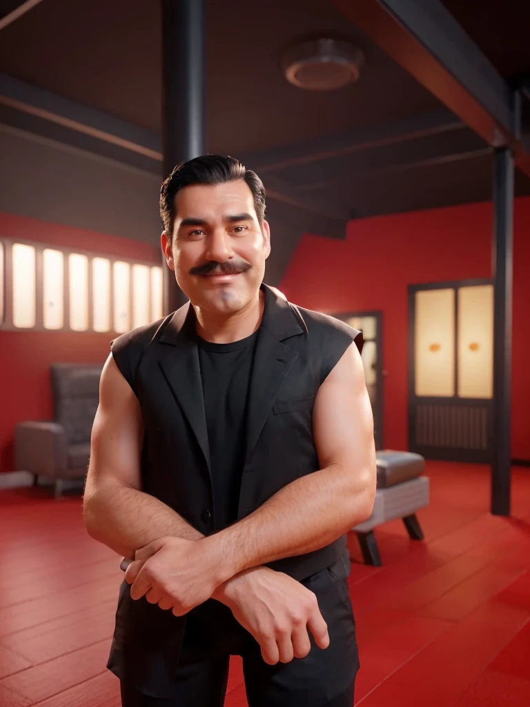 Realistic 3-dimensional caricature of a 40-year-old man with a large head tall, rather large body oval face shape Round Oval chin handsome with a mustache slightly round eyes white skin wide smile black hair with standing style with hair side split style using a black vest bare muscular chest red color Background use lighting with hair lights and top lights very high