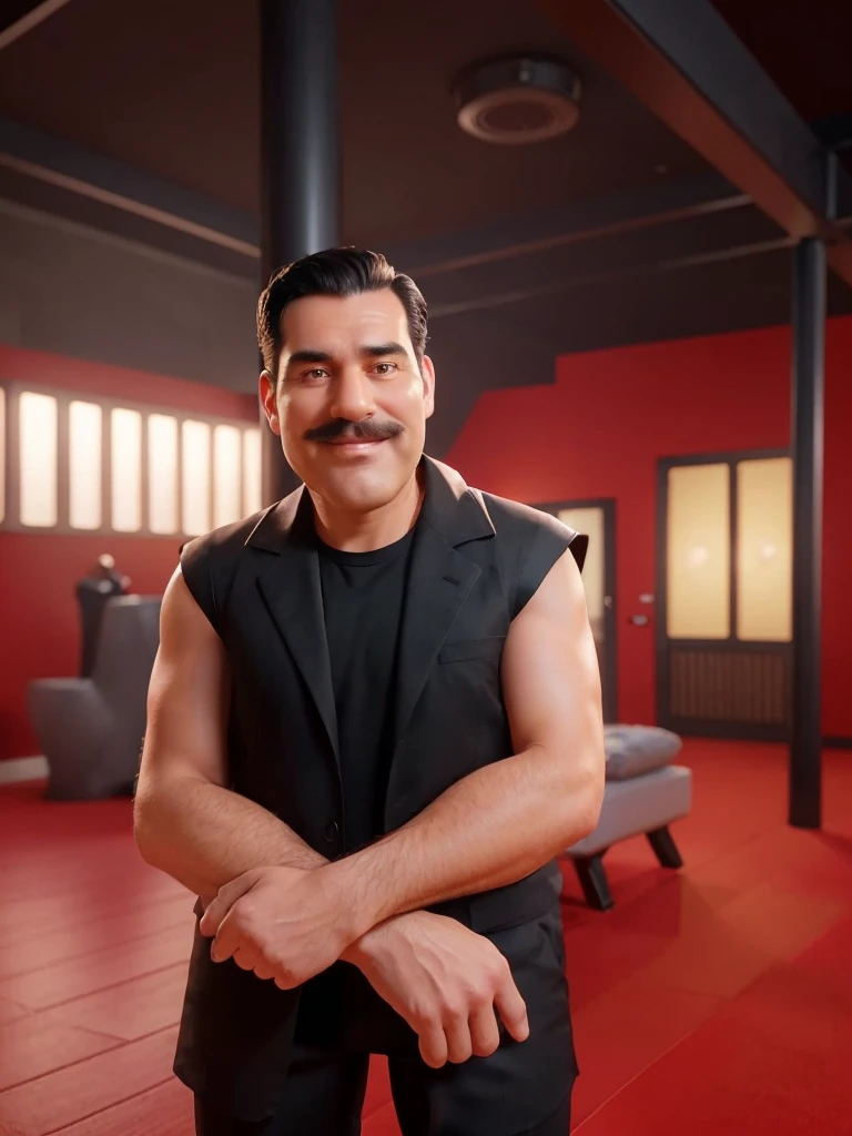 Realistic 3-dimensional caricature of a 40-year-old man with a large head tall, rather large body oval face shape Round Oval chin handsome with a mustache slightly round eyes white skin wide smile black hair with standing style with hair side split style using a black vest bare muscular chest red color Background use lighting with hair lights and top lights very high