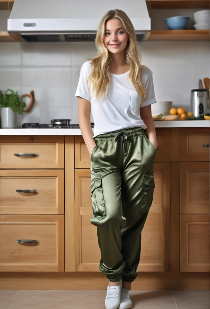 (best quality, 4k, 8k, high resolution, masterpiece: 1.2), ultra-detailed, full body, (realistic, photorealistic, photorealistic: 1.37), hyperrealistic art, detailed background, a 15 year old girl , beautiful fair skin with European features, long blonde hair, big ass, in the kitchen, leaning against the kitchen table, looking at the viewer, smiling at the viewer.(a woman wearing loungewear and Cargo Satin pants: Pants with multiple pockets, often inspired by military wear.)sexy Ass, candid ass