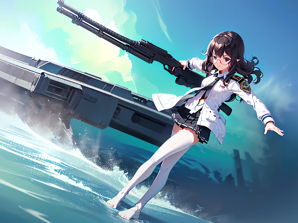(((masterpiece, Vision))), ((((Full body of a woman with perfect flat chest、1 Female、solo、Short unkempt black hair、Tie your messy hair at the nape of your neck、white military jacket、Miko costume、black tights、Black glasses are black、White military cap、Cloudy black eyes、Confused eyes、Junyo-inspired emblem)))), (((Shipgirl))), ((Floating on the morning sea with both feet)), (Standing with your legs apart)), Aim, (Hold the shotgun turret grip with your right hand), (Four mechanical tentacles covered in white armor extend from its back.), (Holding a shotgun with metal tentacles), (Equipped with a bridge on the back), (His left arm holds the grip of a triple-barreled shotgun),