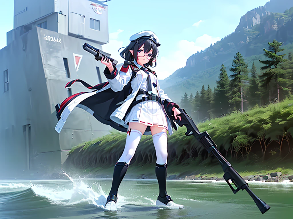 (((masterpiece, Vision))), ((((Full body of a woman with perfect flat chest、1 Female、solo、Short unkempt black hair、Tie your messy hair at the nape of your neck、white military jacket、Miko costume、black tights、Black glasses are black、White military cap、Cloudy black eyes、Confused eyes、Junyo-inspired emblem)))), (((Shipgirl))), ((Floating on the morning sea with both feet)), (Standing with your legs apart)), Aim, (Hold the shotgun turret grip with your right hand), (Four mechanical tentacles covered in white armor extend from its back.), (Holding a shotgun with metal tentacles), (Equipped with a bridge on the back), (His left arm holds the grip of a triple-barreled shotgun),