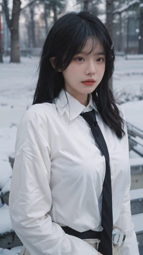 Best quality，masterpiece，Ultra-high resolution，snow，16K,Snow background，（Photo Realism：1.4),1 Girl，JK，Sexy，（Shirt and Tie：1.2),（Big breasts：1.3),（Upper body：1.4)