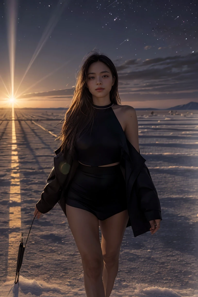 Masterpiece, best quality, ((salt flat)), 4K,8K,style,masterpiece, create a black woman, at night long charge, ((ultra-detailed)), outdoors, night, nature, (stars, full moon), shadows, contrast, clear sky, (style, (film grain: 1.3), (warm hue, warm tone): 1.2), cinematic light, side lighting, ultra high resolution, (best shade), RAW, walk, verse,