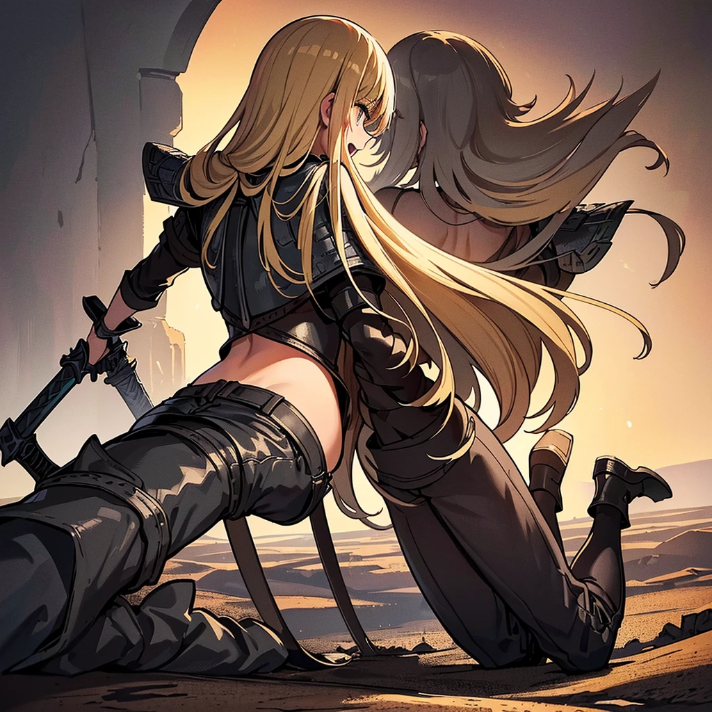((((Solo))))、Best illustrations、Best Quality、(Full body character concept、detailed)、(((Simple grey armor、Black trousers、Black gloves、woman、18-year-old、Blonde、Long Hair)))、(((Grab the sword、Get Ready)))、(Old ruins、desert。Grass)、Fall to the floor、(Black, muddy swamp)、(中世の騎士が10 people)、(get annoyed、Open your mouth、shout)、(lots of medieval knights、10 people)、battlefield、(From below、From the back、back view)、(White background)