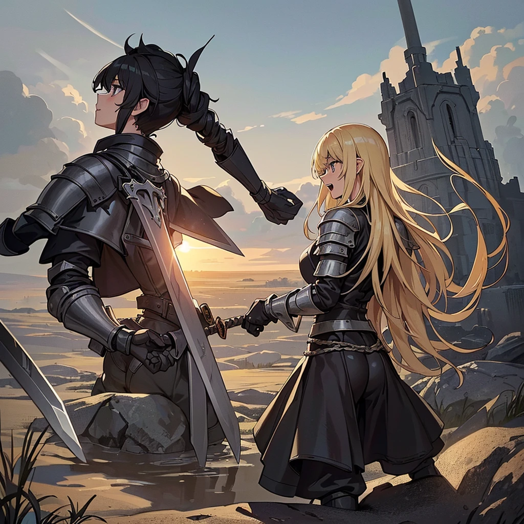 ((((Solo))))、Best illustrations、Best Quality、(Full body character concept、detailed)、(((Simple grey armor、Black trousers、Black gloves、woman、18-year-old、Blonde、Long Hair)))、(((Grab the sword、Get Ready)))、(Old ruins、desert。Grass)、Fall to the floor、(Black, muddy swamp)、(中世の騎士が10 people)、(get annoyed、Open your mouth、shout)、(lots of medieval knights、10 people)、battlefield、(From below、From the back、back view)、(White background)