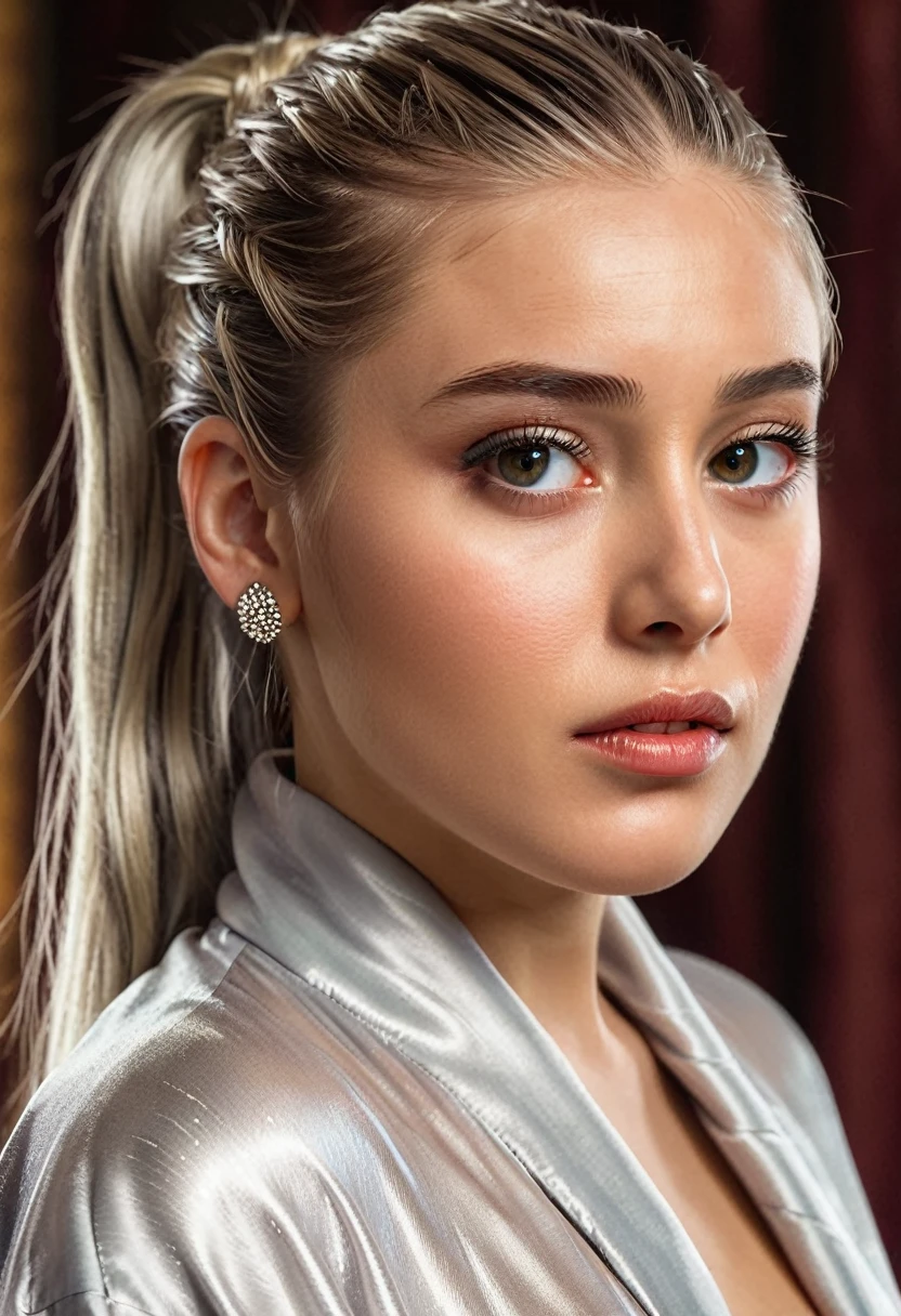 (Highest quality, masterpiece:1.2), Ultra-high resolution, Realistic, Front lighting, Exquisite detail, Exquisite detail and texture, One girl, alone ,(young), Facial highlights, Upper Body, Detailed face, Teardrop Mole, white skin, Silver Hair, ponytail, Braid, View your viewers, Big eyes, silk robe, (Hollow pattern, white, silk), Earrings, Small breasts, The body is slim, Luxurious Room, Professional Lighting, Photon Mapping, Radio City, Physically Based Rendering,