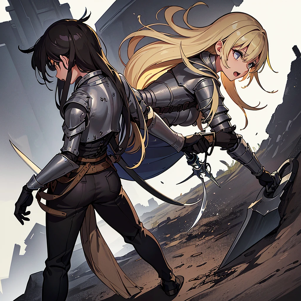 ((((Solo))))、Best illustrations、Best Quality、(Full body character concept、detailed)、(((Simple grey armor、Black trousers、Black gloves、woman、18-year-old、Blonde、Long Hair)))、(((Grab the sword、Get Ready)))、(Old ruins、desert。Grass)、Fall to the floor、(Black, muddy swamp)、(10 medieval knights)、(get annoyed、Open your mouth、shout)、battlefield、(From below、From the back、back view)、(White background)