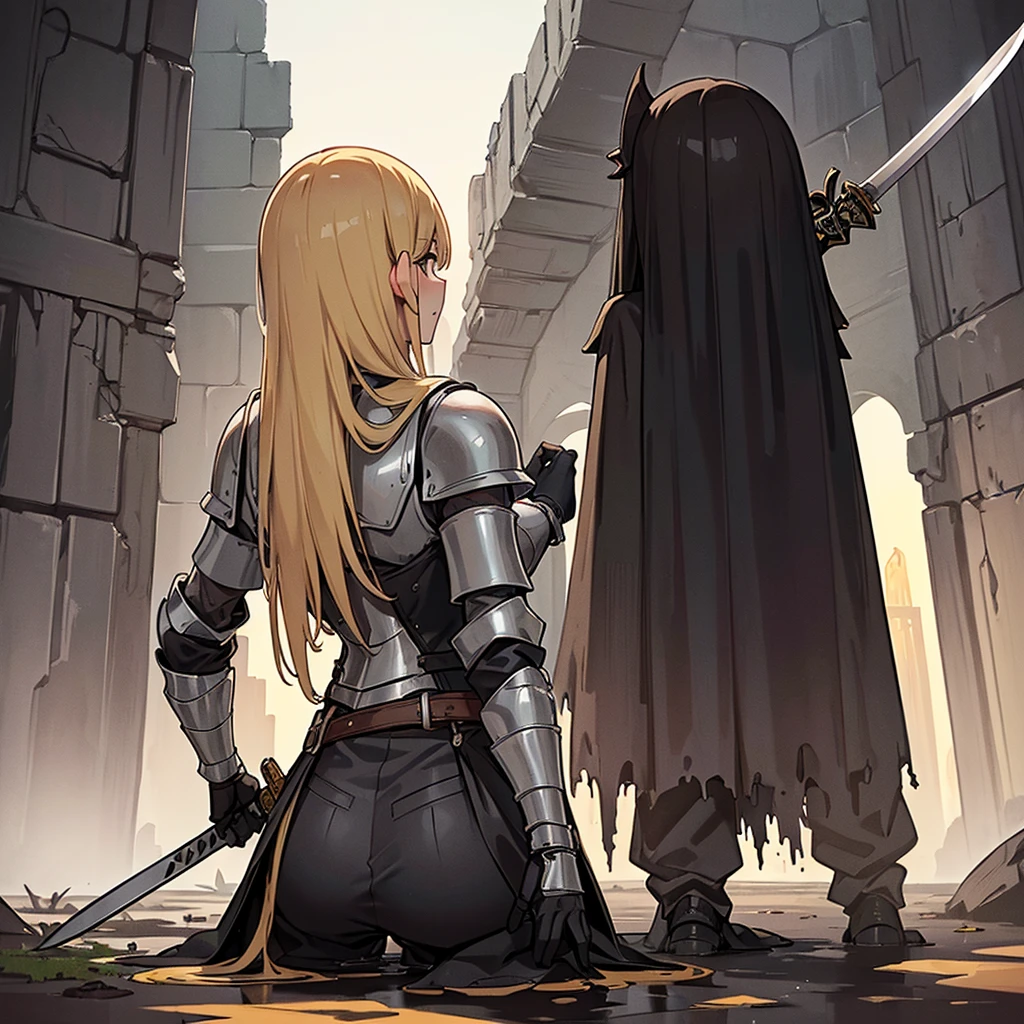 ((((Solo))))、Best illustrations、Best Quality、(Full body character concept、detailed)、(((Simple grey armor、Black trousers、Black gloves、woman、18-year-old、Blonde、Long Hair)))、(((Grab the sword、Get Ready)))、(Old ruins、desert。Grass)、Fall to the floor、(Black, muddy swamp)、(10 medieval knights)、(get annoyed、Open your mouth、shout)、battlefield、(From below、From the back、back view)、(White background)