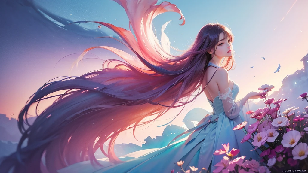 One girl,flower, Lisianthus ,Pale pinkと淡い青のスタイル, A dreamy, romantic piece, Pale pink, Mysterious Leaves, A playful arrangement,Fantasy, High Contrast, Ink strokes, explosion, Exposure, Impression of purple and red tones , Abstract, ((Watercolours by John Berkey and Jeremy Mann )) Brush strokes, Negative Space,