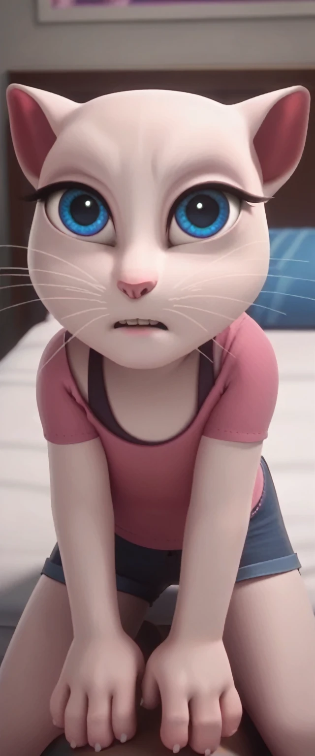 1 girl 1 boy human.  a_la, 1girl, cat, white fur, long whiskers on both sides of the face, big bright blue eyes, big black eyelashes, small pink nose, triangular ears with pink ducts, woman on bed with legs together, legs together, man fucking.