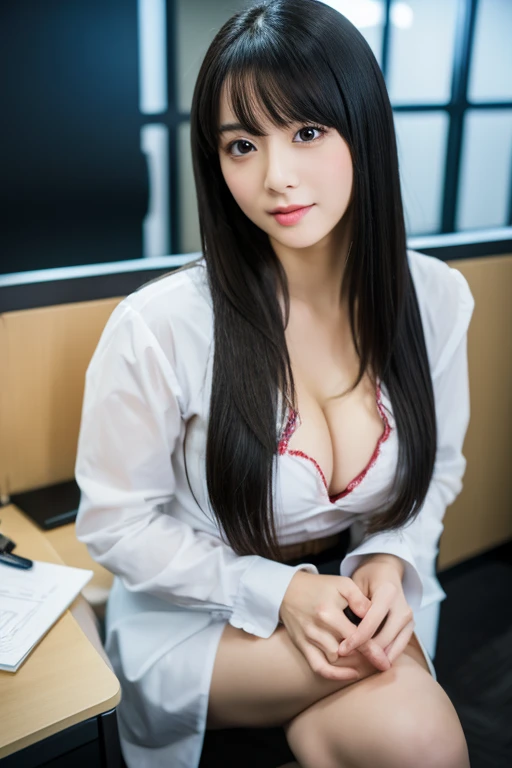 best quality ,masterpiece,ultra high res, very beautiful, kawaii, (photo realistic:1.4), 1girl, Japanese, ((above the knee)), finger to mouth, long hair, black hair, looking at viewer, cleavage, wearing secretary, in the office, Cinematic, 35mm lens, f/ 1. 8, accent lighting, 8k,