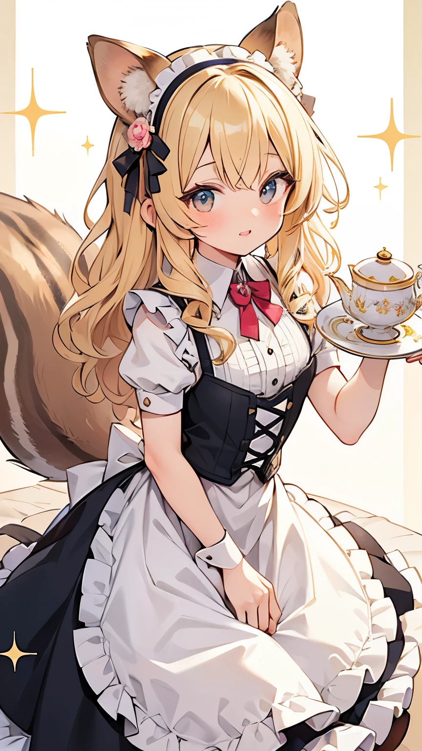 blonde hair, curly hair, hairband, squirrel ears, squirrel tail, Art Deco, sparkle, symmetry, pov, anatomically correct, textured skin, high details, best quality, super detail, maid, cute girl, tea time, colorful