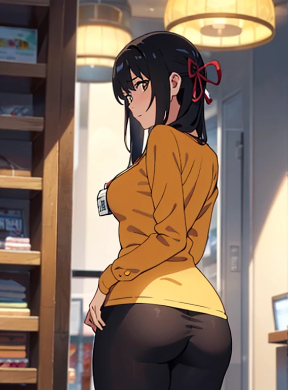 Shinkai Makoto, Kimi No Na Wa., 1 girl, bangs, black hair, brown eyes, Half turned up, Red Ribbon, Long hair, long-sleeved light yellow cardigan, offenes hemd, yellow shirt, Decollete, breast, medium breast, orange shirt, name tag written "LUMINE Miyamizu", look at the viewer, indoors, Jewelry Products, Jewelry store, Jewelry saleswoman, indoors, mall, masterpiece, perfect anatomy, Subscribe to, ass pov (ass pov: Hände eines Jungen halten die breast eines Mädchens, ass pov)