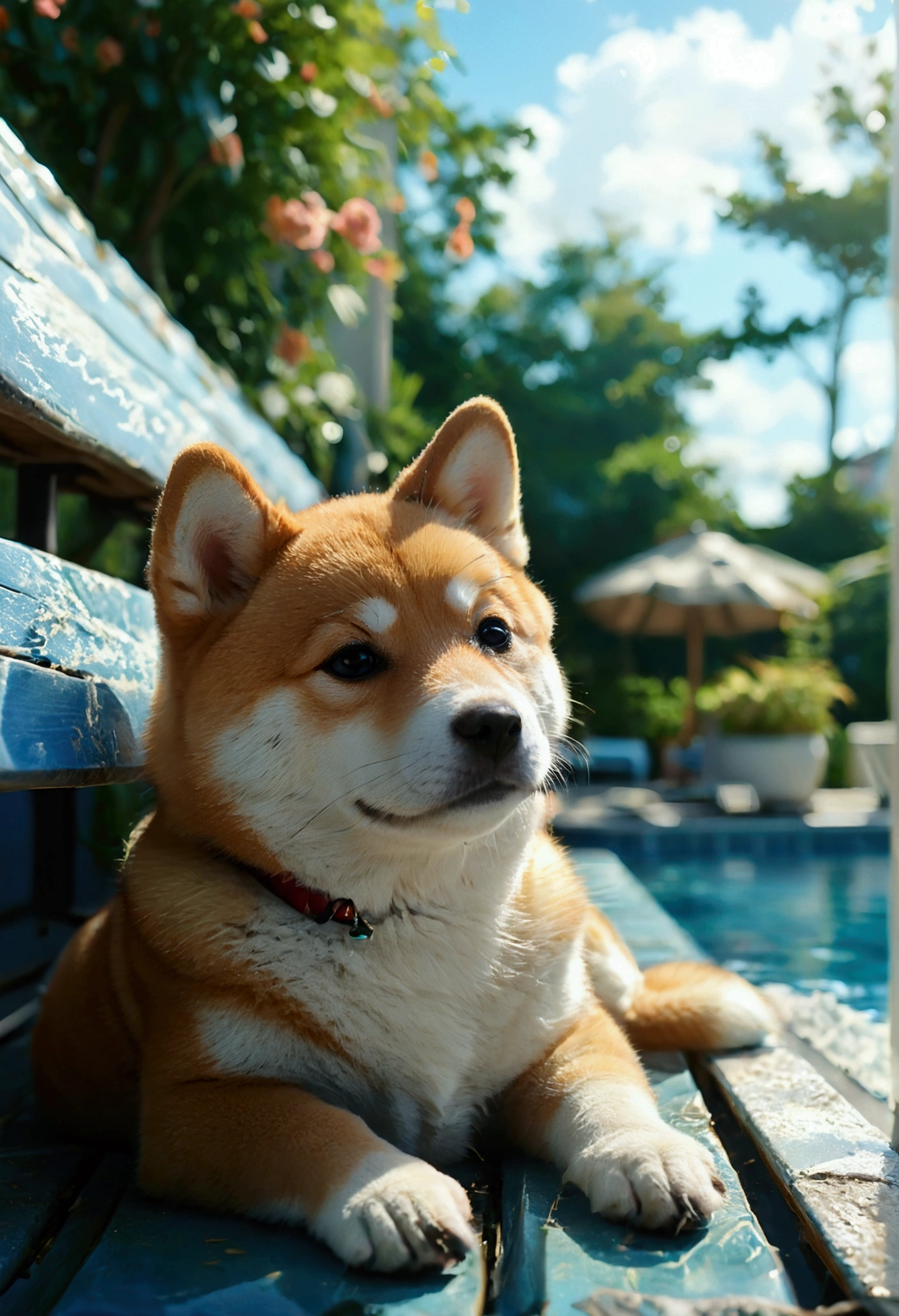 Makoto Shinkai Taste, Beautiful blue sky, Long-distance image,（Shiba Inu puppy lying on a bench by the hotel pool, Detailed eyes, ）,Romantic Landscape, Healing scenes, Light pours in,hope, Makoto Shinkai Taste,Detailed Description, Bright summer sunshine, Resort scenery,