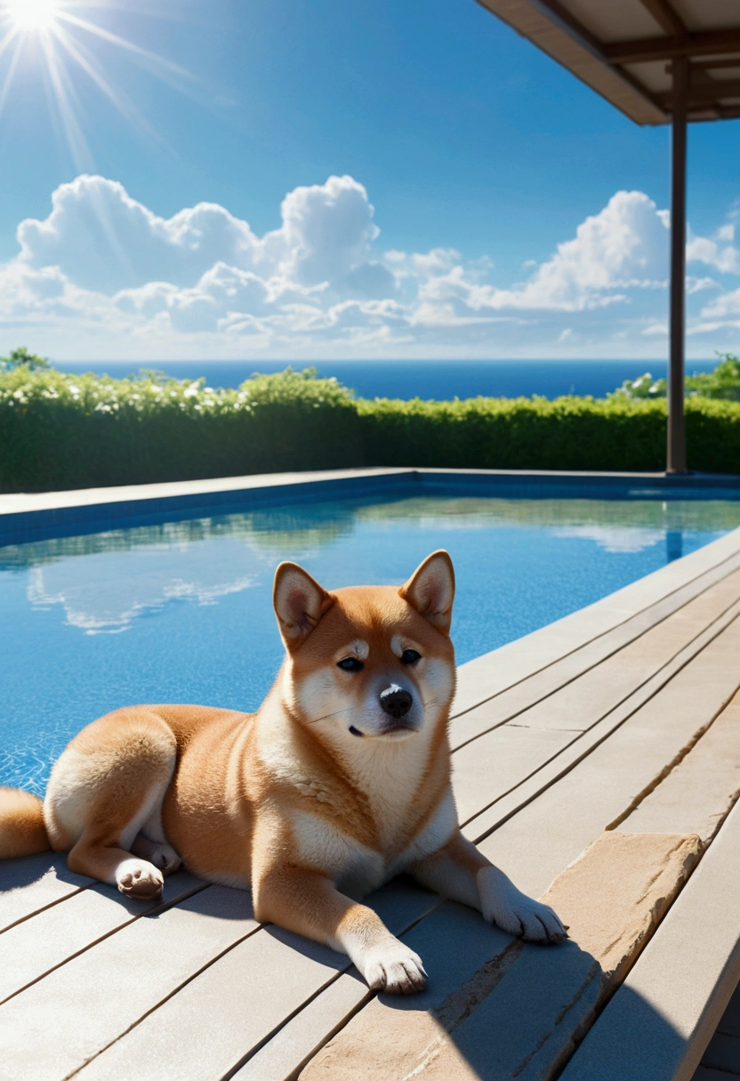 Makoto Shinkai Taste, Beautiful blue sky, Long-distance image,(Shiba Inu puppy lying on a bench by the hotel pool, Detailed eyes, ),Romantic Landscape, Healing scenes, Light pours in,hope, Makoto Shinkai Taste,Detailed Description, Bright summer sunshine, Resort scenery,
