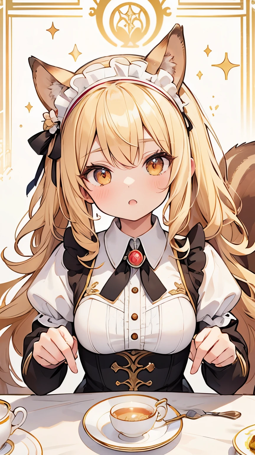blonde hair, curly hair, hairband, squirrel ears, squirrel tail, Art Deco, sparkle, symmetry, pov, anatomically correct, textured skin, high details, best quality, super detail, maid, cute girl, tea time, colorful