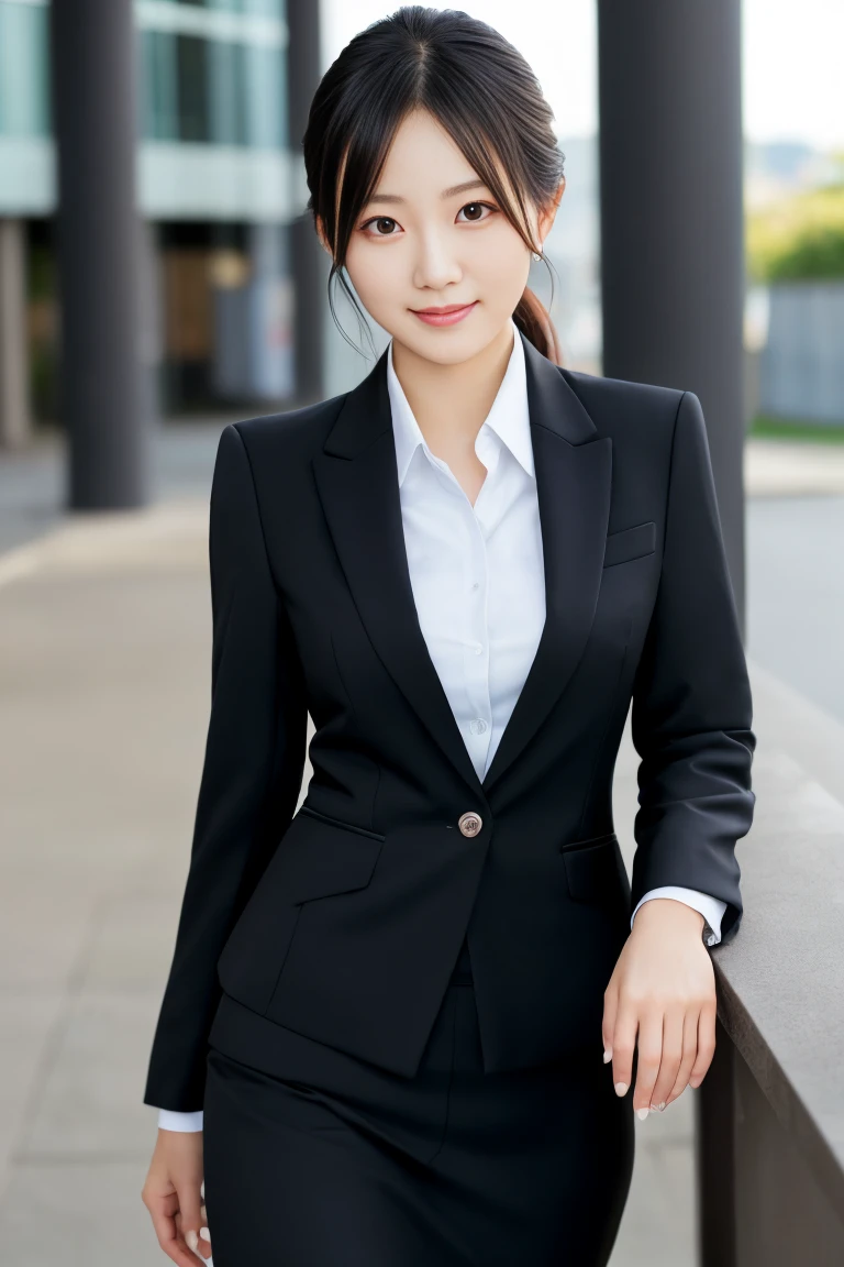 Highest quality, High resolution, Highly detailed photos, whole body, Professional Lighting, 1 Girl, alone, Japanese actress, Age 25, thin, Detailed medium chest, Beautiful and exquisite face and eyes, (business skirt suit:1.3), Black Hair, smile, clear, (Spreading pussy:1.3)