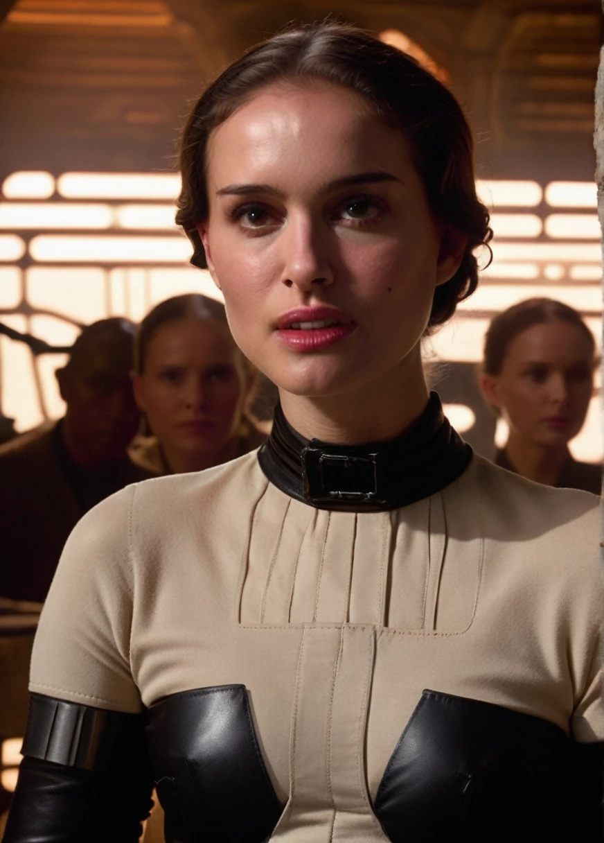 high resolution photo face close-up of p4dme woman sitting in a star wars cantina,looking at camera,black uniform,hair chignon,full body shot,depth of field,volumetric lighting,sunrise,(surreal dramatic lighting shadow)