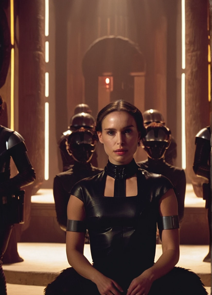 high resolution photo face close-up of p4dme woman sitting in a star wars cantina,looking at camera,black uniform,hair chignon,full body shot,depth of field,volumetric lighting,sunrise,(surreal dramatic lighting shadow)