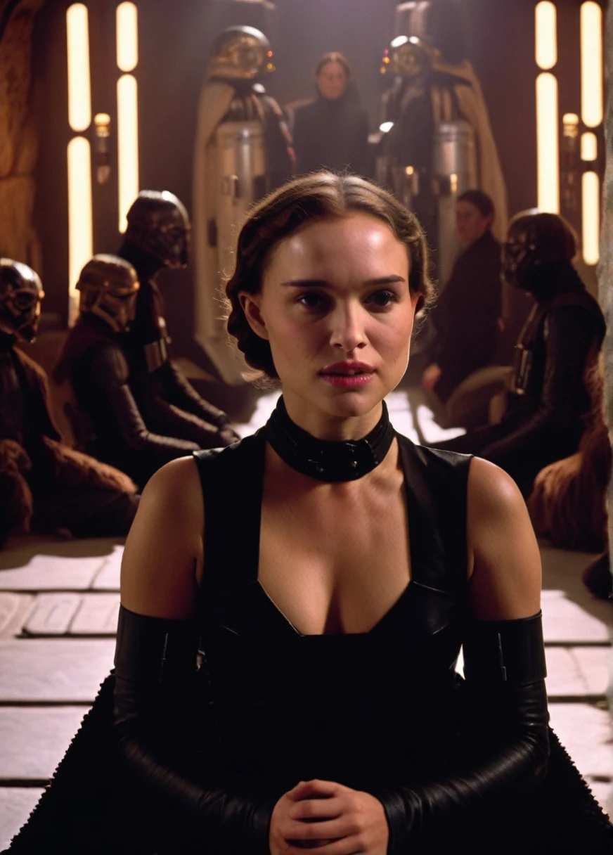 high resolution photo face close-up of p4dme woman sitting in a star wars cantina,looking at camera,black uniform,hair chignon,full body shot,depth of field,volumetric lighting,sunrise,(surreal dramatic lighting shadow)
