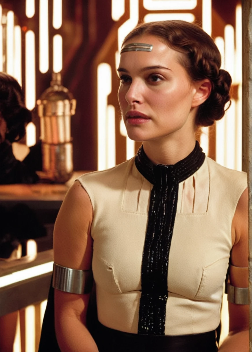 high resolution photo face close-up of p4dme woman sitting in a star wars cantina,looking at camera,black uniform,hair chignon,full body shot,depth of field,volumetric lighting,sunrise,(surreal dramatic lighting shadow)