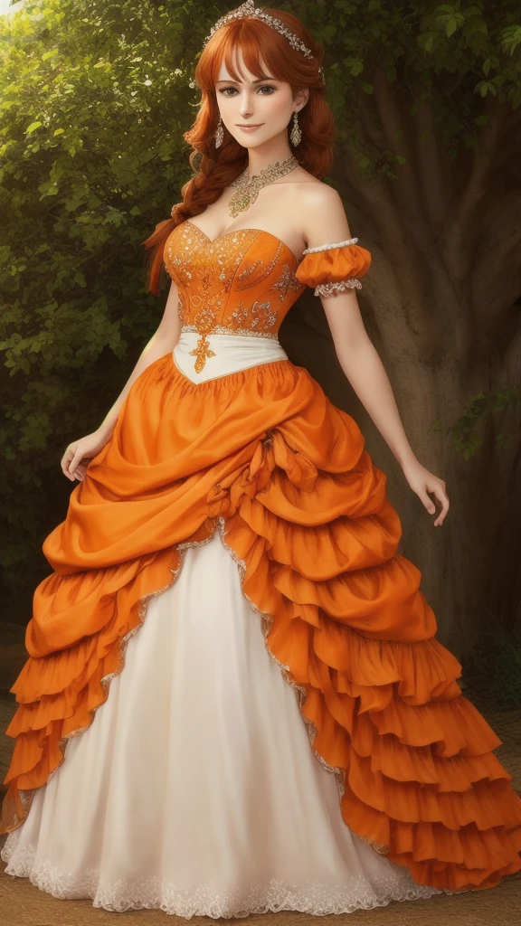 Masterpiece, absurdres, fine detail, HDR, highly detailed face and eyes, photorealistic, smiling, open mouth excited,ballgown, keira knightley in a orange and white silk dress standing in front of a tree , wearing a ballgown,big breasts, detailed face, long eyelashes, colorful eye shadow, colorful makeup, 4k,8k,very tiny waist,full body photography,2 braids,orange hair