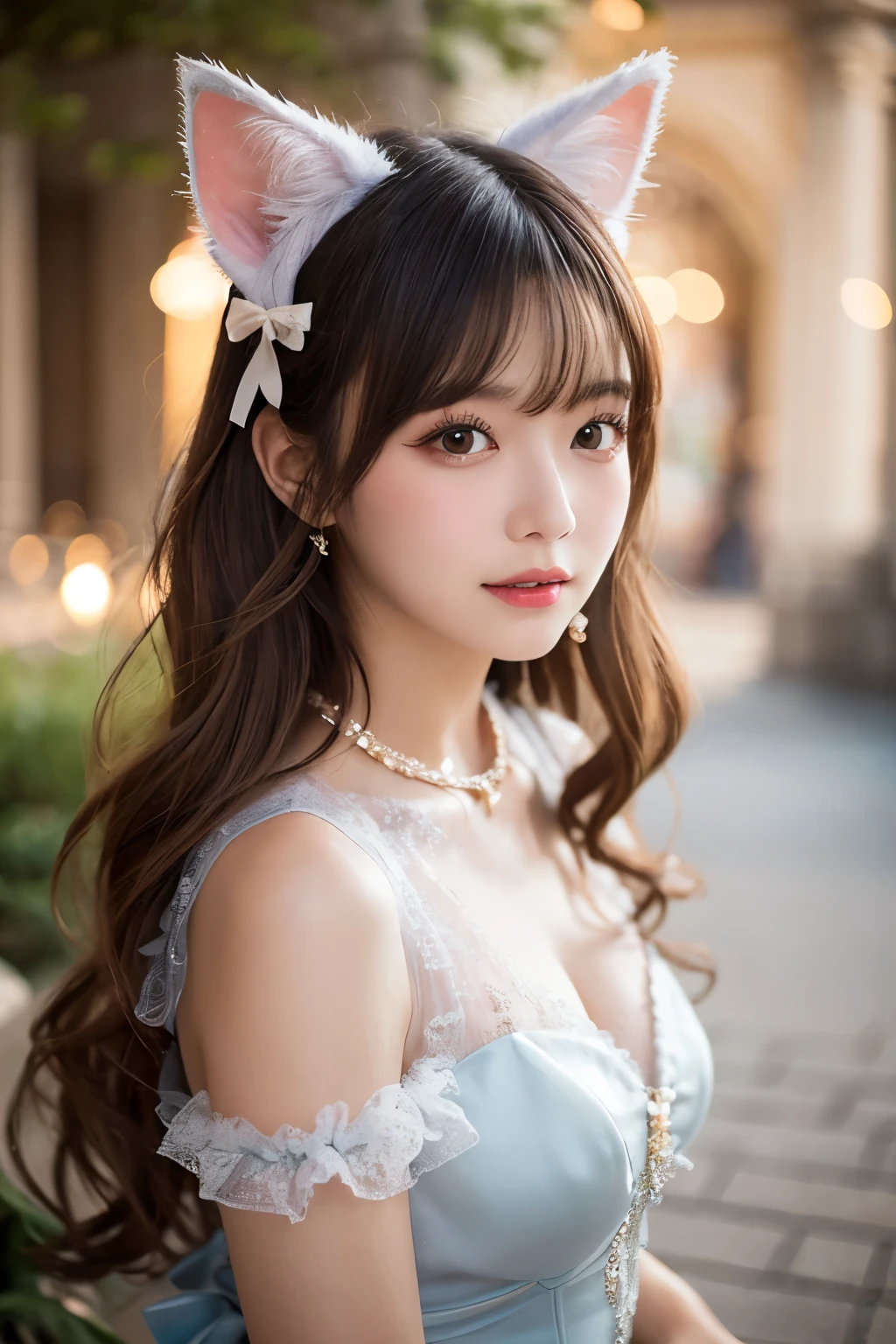A young woman with long, wavy pastel-colored hair sits gracefully, dressed in an elaborate, fantasy-themed gown. The gown features a mix of soft pastel colors, including pink, blue, and lavender, adorned with sparkling embellishments and a large bow at the bust. She has a pair of large, fluffy cat ears on her head, matching her soft, fluffy tail. Her eyes are large and expressive, with a gentle and inviting expression. The scene is softly lit with a magical, dreamy ambiance, highlighting her smooth skin and the intricate details of her outfit. She wears delicate jewelry, including a butterfly hair clip, adding to the whimsical nature of her appearance. The background is soft and blurred, enhancing the ethereal feel of the image.