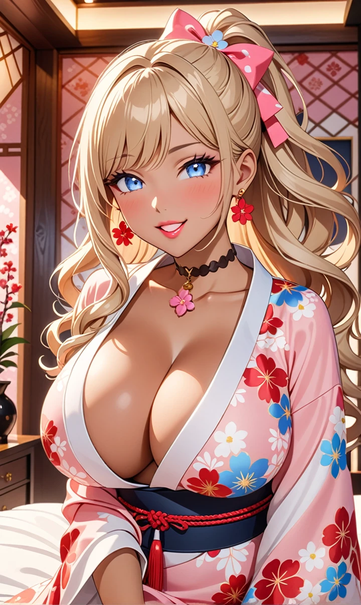 ultra-detailed, ((one girl)), (tan skin:1.6), in pastel colors gyaru, (heavy makeup), (professional lighting) hyper detailed, absurdres, 8K, Beautiful Face, (Laugh shyly), ((incoming kiss:1.5)), ((Wink:1.7)), (Laugh with your mouth wide open),((Tilt your face:1.6)), View your viewers, ((Bright red cheeks:1.6)),Glossy Red Lips, ((Big Breasts:1.6)), ((undressing:1.2)), ((nipple)), noon, Luxurious Japanese-style room, ((Anime style background)),masterpiece, Highest quality, so beautiful,Latest, Complex details, ((Neon pink long nails)), (nail art), (ring),(bracelet), (Floral Choker),AI-generated, Complex,High resolution, Highest quality, super high quality,3D Images、3D Images,One person,Blonde long hair,(High Ponytail), (wavy hair:1.3), Blonde anime woman posing for a photo, ((Fine grain、blue eyes、glowing eyes:1.4)), (Squint your eyes:1.1),a hyperRealistic , hyperRealistic , Realistic,Anime woman with long pastel yellow hair, Smooth anime CG art, A girl in a gorgeous pastel-colored kimono, ((Pastel-colored furisode)),(Pink large floral pattern), Long flower hair ornament,Floral Earrings, Mature Body, tall,Narrow waist, on bed, intercourse with a man,