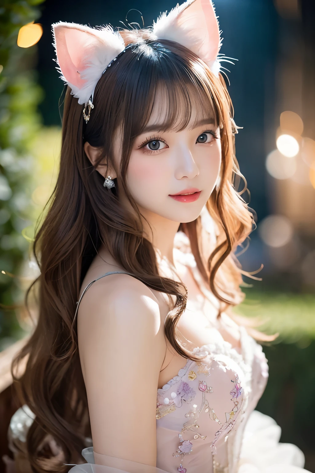 A young woman with long, wavy pastel-colored hair sits gracefully, dressed in an elaborate, fantasy-themed gown. The gown features a mix of soft pastel colors, including pink, blue, and lavender, adorned with sparkling embellishments and a large bow at the bust. She has a pair of large, fluffy cat ears on her head, matching her soft, fluffy tail. Her eyes are large and expressive, with a gentle and inviting expression. The scene is softly lit with a magical, dreamy ambiance, highlighting her smooth skin and the intricate details of her outfit. She wears delicate jewelry, including a butterfly hair clip, adding to the whimsical nature of her appearance. The background is soft and blurred, enhancing the ethereal feel of the image.