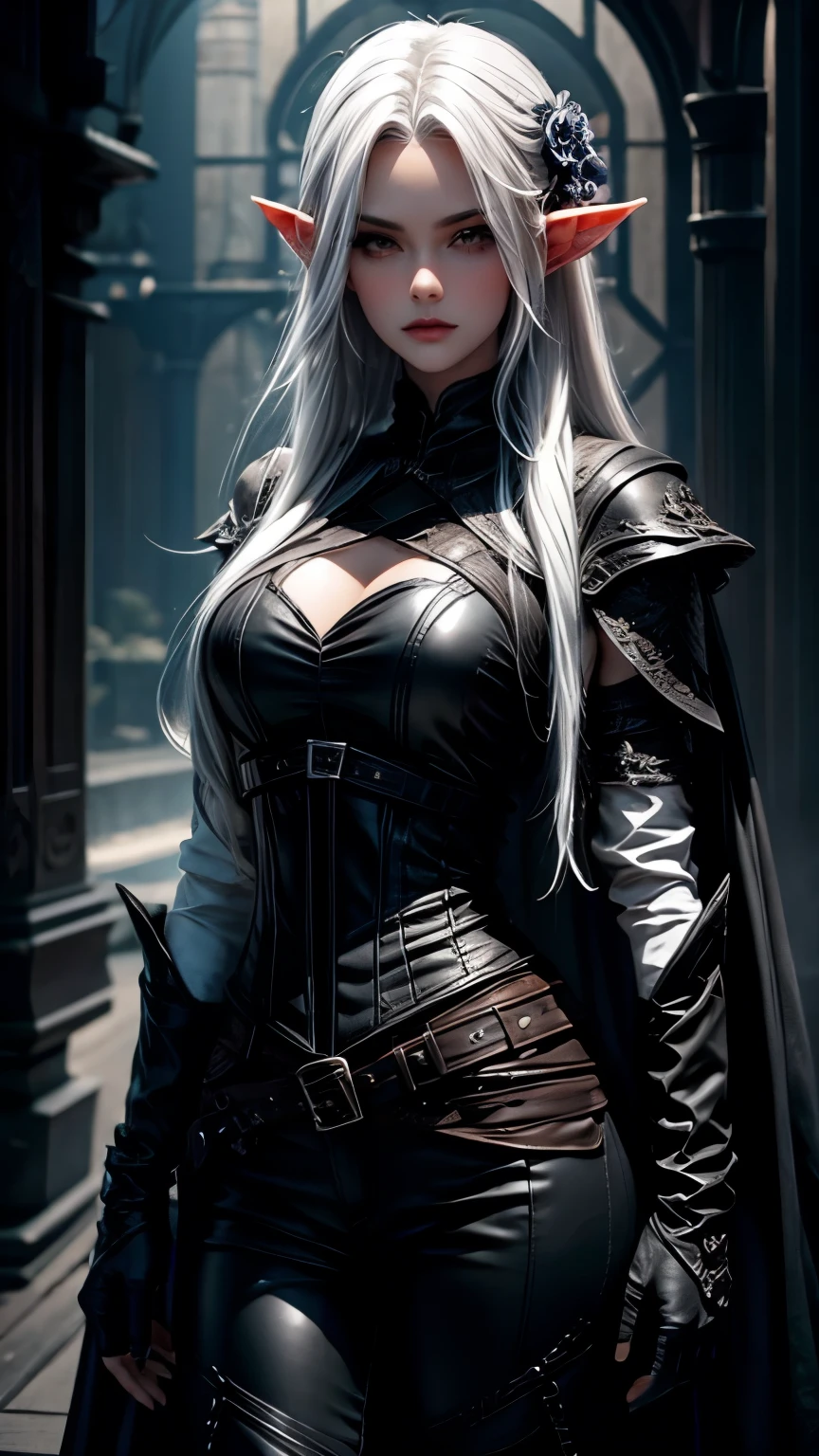 fully clothed, pale shadar-kai skin, elf, gloomy, silky white hair, long gloves, black leather armor, hair ornemant flower, standing up, rogue, sleeveless. Leather pants, Goth girl.