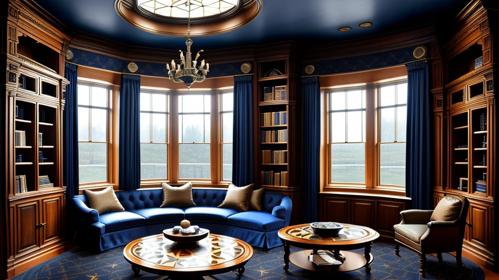 masterpiece,Highest quality,Realistic photos,Full HD,Circular Room,Wide々,Arched Windows,Domed star-patterned ceiling,Dark navy blue carpet,Blue and bronze silk hangs on the walls,machine,Chair,Bookshelf,Quill pen,Book «Ravenclaw Common Room» «Harry Potter Movie World»