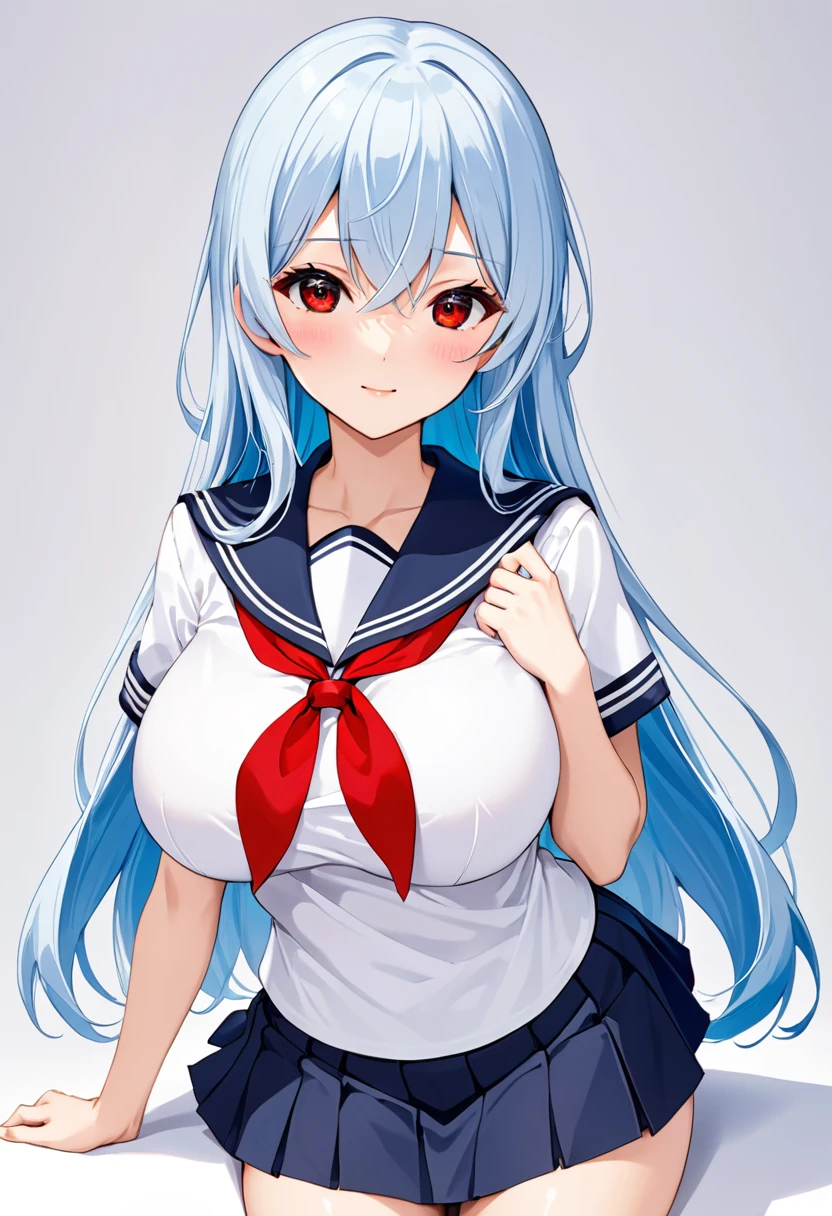 My name is Yukiko.I am a white test woman with long light blue hair,red eye color.I am 1.62 cm tall . My breasts measure 200 cm, my waist 40 cm and my hips 200 cm. Dressed in a white short-sleeved sailor uniform shirt and a navy blue miniskirt. With big breasts 200 cm