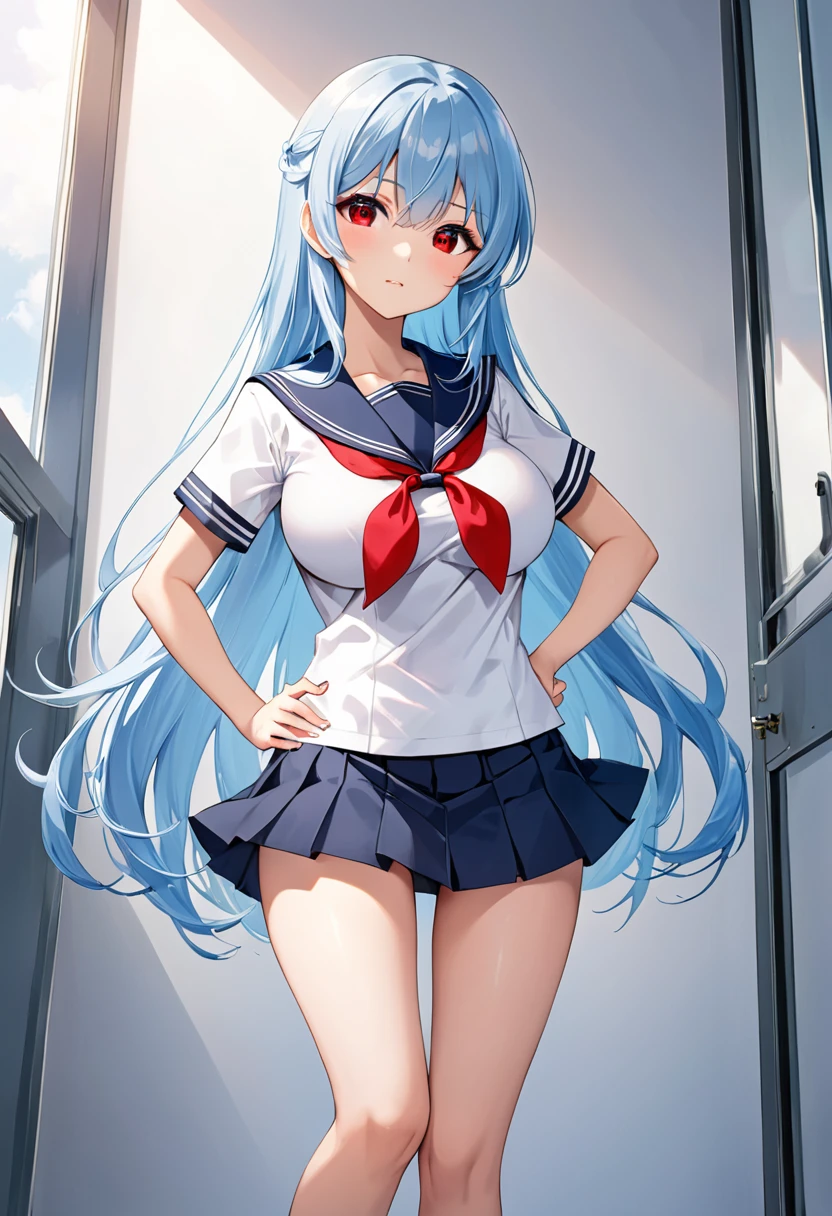 My name is Yukiko.I am a white test woman with long light blue hair,red eye color.I am 1.62 cm tall . My breasts measure 200 cm, my waist 40 cm and my hips 200 cm. Dressed in a white short-sleeved sailor uniform shirt and a navy blue miniskirt. With big breasts 200 cm