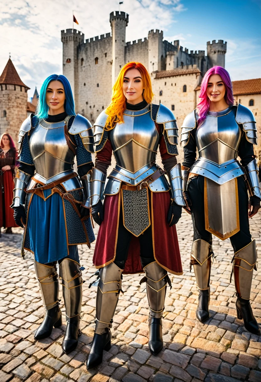 Group of women with colored hair and detailed armor in medieval paladin dress, Are standing, Medieval town with castle in the background