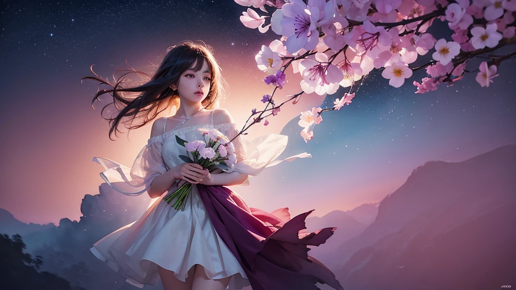 One girl,flower, Lisianthus ,Pale pinkと淡い青のスタイル, A dreamy, romantic piece, Pale pink, Mysterious Leaves, A playful arrangement,Fantasy, High Contrast, Ink strokes, explosion, Exposure, Impression of purple and red tones , Abstract, ((Watercolours by John Berkey and Jeremy Mann )) Brush strokes, Negative Space,