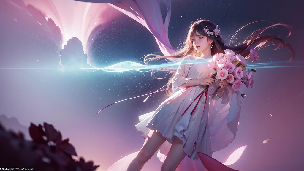 One girl,flower, Lisianthus ,Pale pinkと淡い青のスタイル, A dreamy, romantic piece, Pale pink, Mysterious Leaves, A playful arrangement,Fantasy, High Contrast, Ink strokes, explosion, Exposure, Impression of purple and red tones , Abstract, ((Watercolours by John Berkey and Jeremy Mann )) Brush strokes, Negative Space,