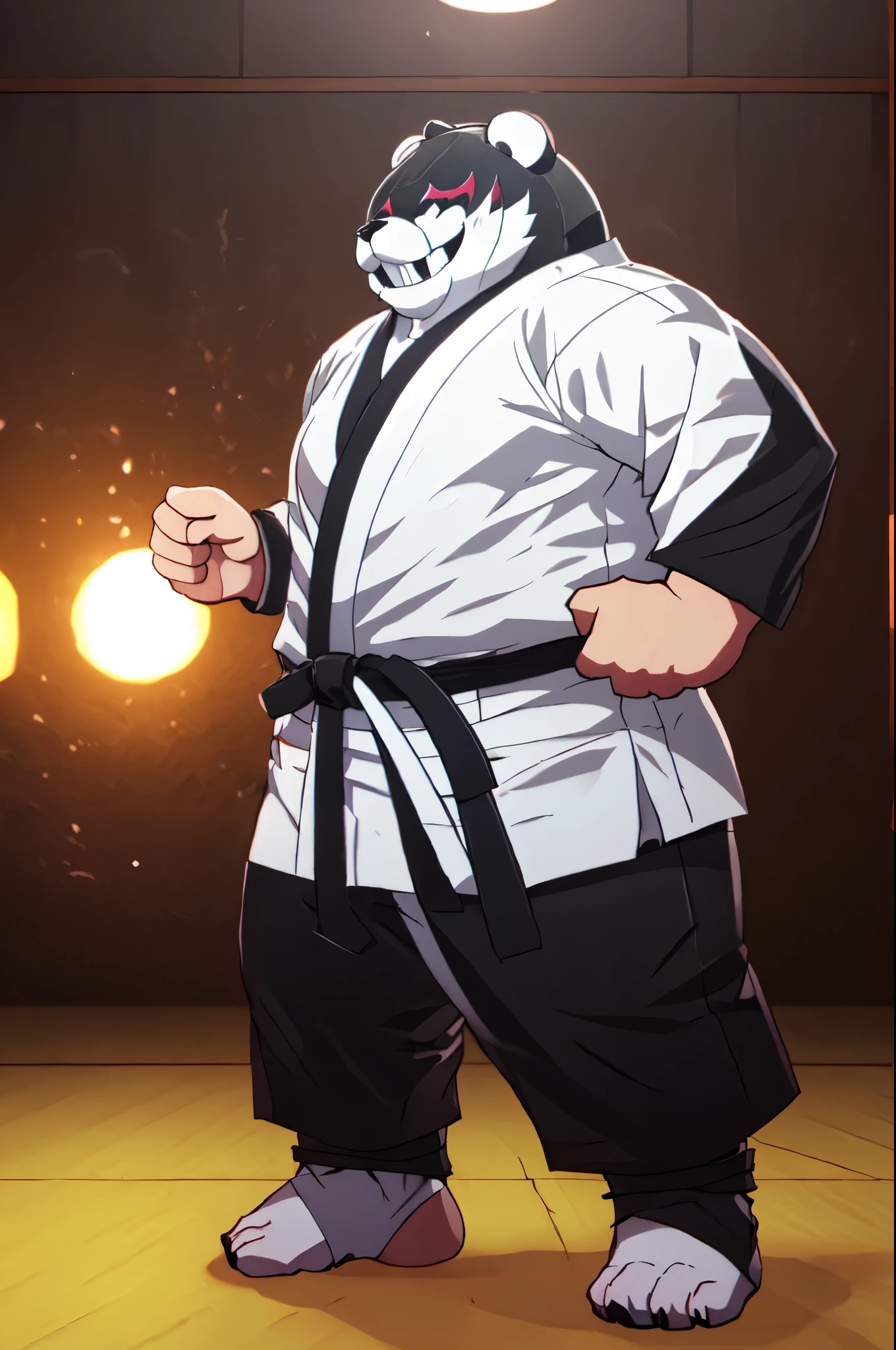 (((Barefoot furry character, full body, cinematic setting, furry male, plantigrade)))

(((monokuma))), bear, grin, teeth, half black and half white, judo, blue kimono, (((ankle braces))), (((martial art footwear)))

BREAK, masterpiece, ((detailed background)), ((dynamic background)), 8K, (masterpiece:1.5), intricate details, highly detailed, extreme detail, octane render, unreal engine, fine art, best quality, highres, (detailed face:1.5), ((full_body)), UHD, (((perfect hands))), low light, set at night