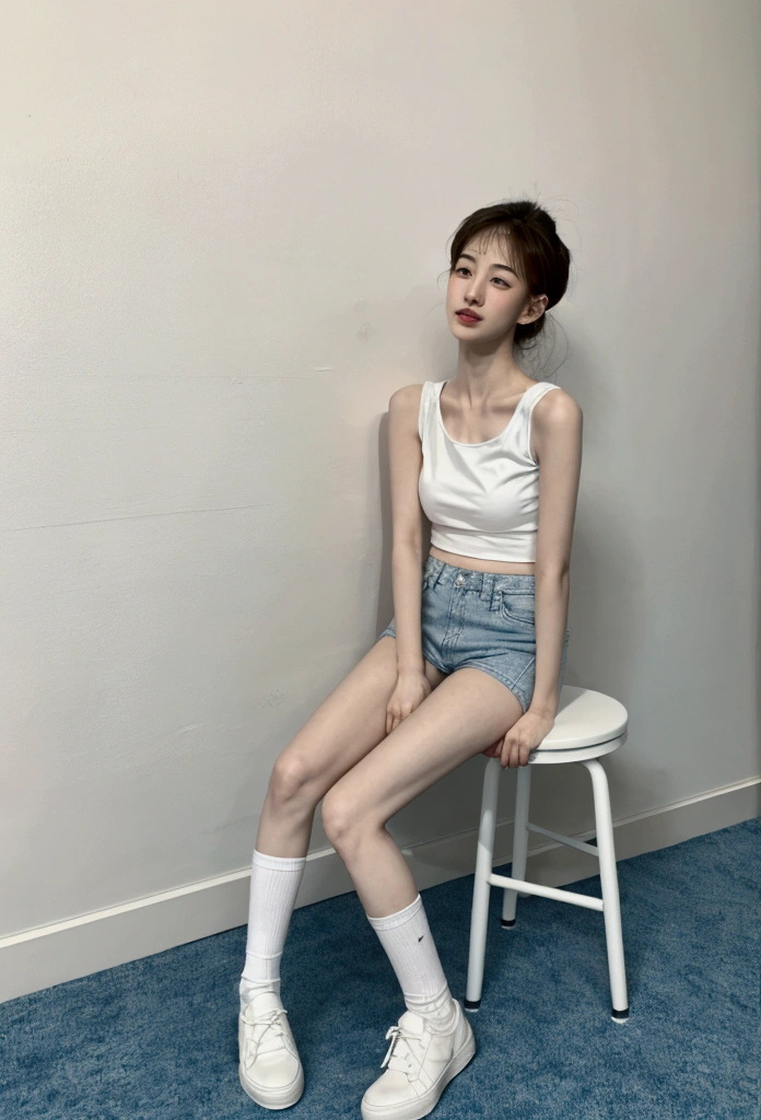 White skin,Sit on a stool,Big white legs inward eight,Wearing a white tank top,Light blue skinny denim shorts,Wear 15cm white socks,Wear white board shoes,Regular facial features,Two arms,Two legs,
