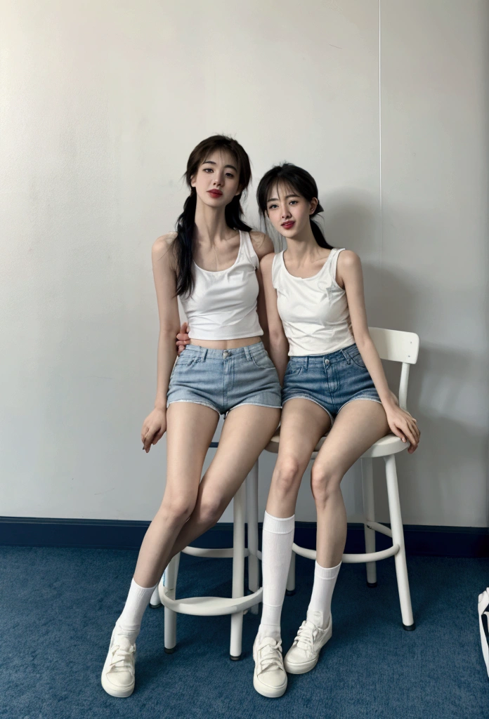 White skin，Sit on a stool，Big white legs inward eight，Wearing a white tank top，Light blue skinny denim shorts，Wear 15cm white socks，Wear white board shoes，Regular facial features，Two arms，Two legs，