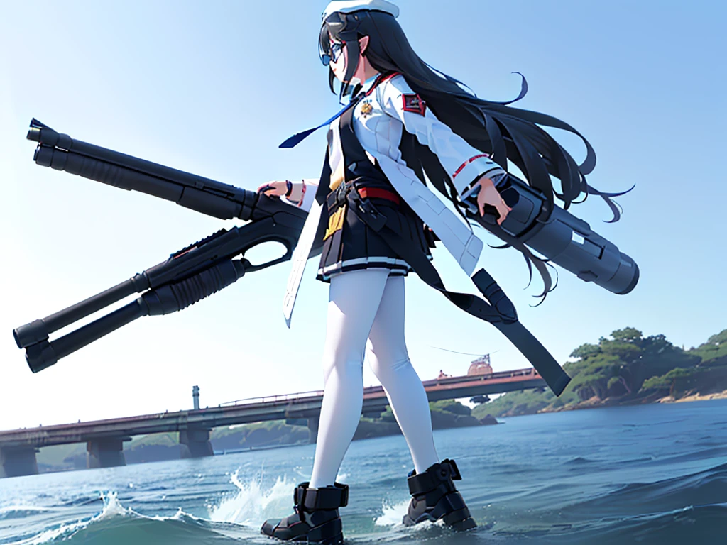 (((masterpiece, Vision))), ((((Full body of a woman with perfect flat chest、1 Female、solo、Short unkempt black hair、Tie your messy hair at the nape of your neck、white military jacket、Miko costume、black tights、Black glasses are black、White military cap、Cloudy black eyes、Confused eyes、Junyo-inspired emblem)))), (((Shipgirl))), ((Floating on the morning sea with both feet)), (Standing with your legs apart)), Aim, (Hold the shotgun turret grip with your right hand), (Four mechanical tentacles covered in white armor extend from its back.), (Holding a shotgun with metal tentacles), (Equipped with a bridge on the back), (His left arm holds the grip of a triple-barreled shotgun),