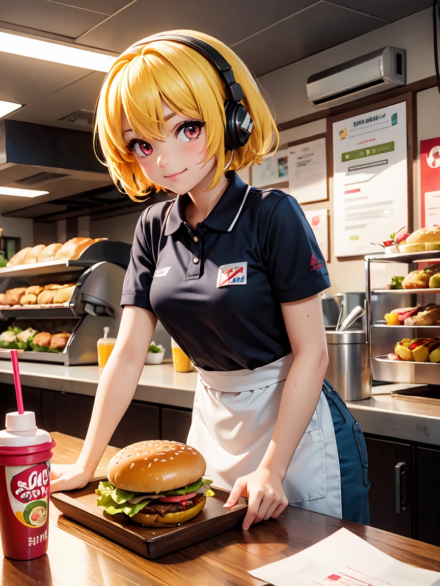 Satoko Hojo, One Girl,  (Yellow Hair), Blonde, Red eyes, short hair,  Small breasts, 11 years old,  alone, uniform, cap, apron,  Name tag, Polo shirt, headset, counter, register, Menu Signage, tray, Flyer, Drink dispenser, hamburger, potato, drink, straw, napkin, smile, clean, Vibrancy, Bright lighting, food court, Fast food logo, uniform color, Modern interior, Comfortable seats, Poster, Promotional Sign, Hand sanitizer