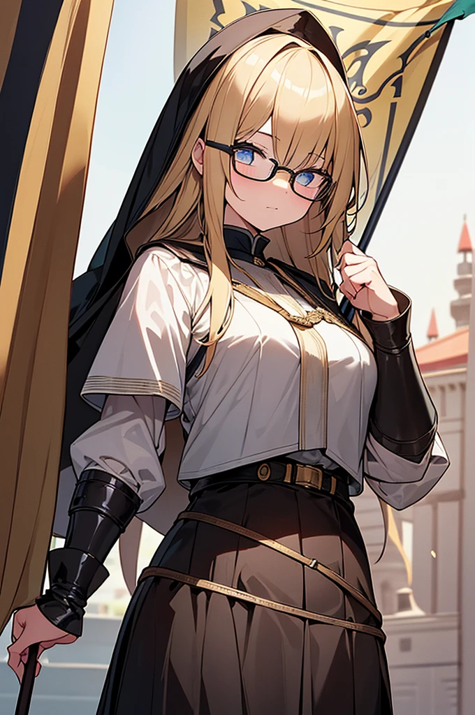 best quality, Masterpiece, Highly detailed, symmetrical eyes., girl, พื้นหลังที่Highly detailed, is gaining popularity (art station:1.46), movie light, studio quality, 8k resolution, long yellow hair,Wear glasses,Joan of Arc,Put on knight armor,holding a flag,strong