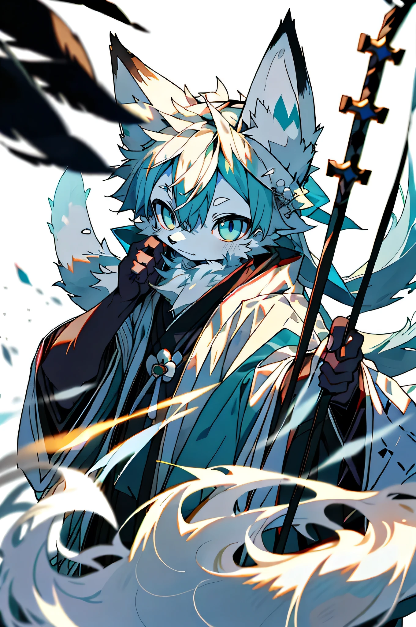 Depth of Field，Perfect lighting，Light Particles，（Best quality），（Top quality）（masterpiece），（Extremely detailed），arctic fox，White fur，White ears，Clear focus，Sharp eyes，blue eyes，hairy，common，Japanese clothing，arctic fox，White，hairy，Shirao，Long Tail