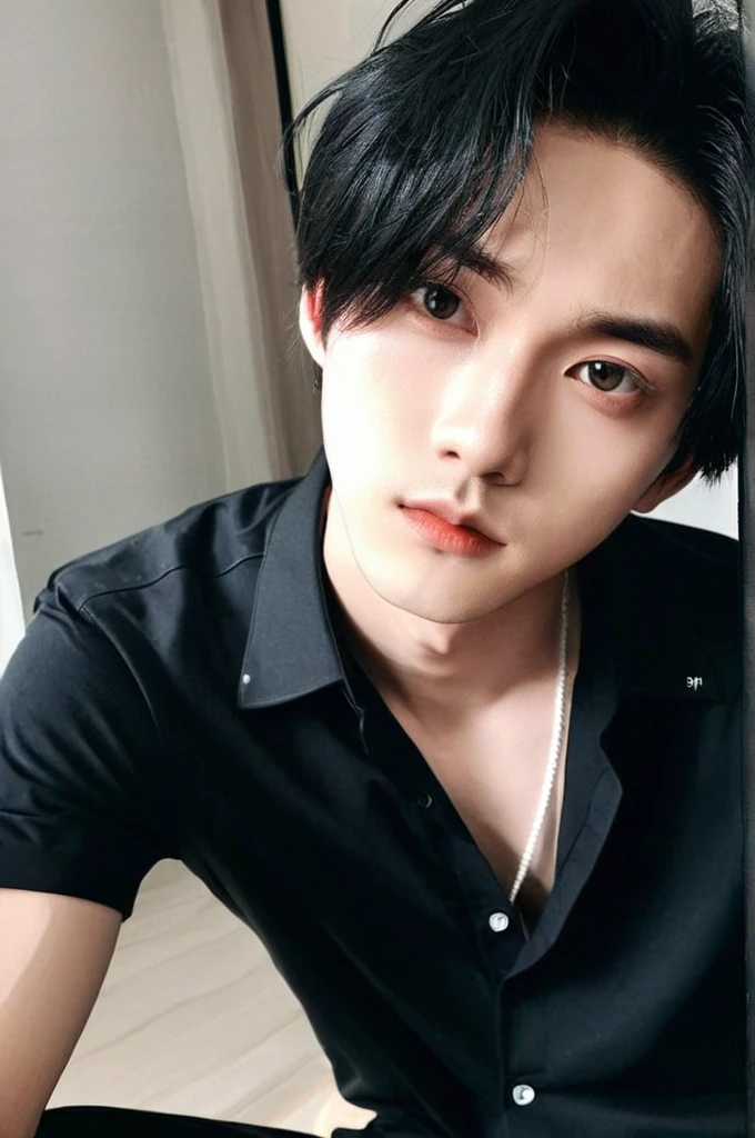 One boy、Young man with black hair(Mash Straight)((long hair)),Male K-Pop Idols、Levi Ackerman、Medium portrait、chop、Beautiful Model、Oval Face、Vivid、Selfie、(In a dark room)、The whole body is shown、((Full body photo))