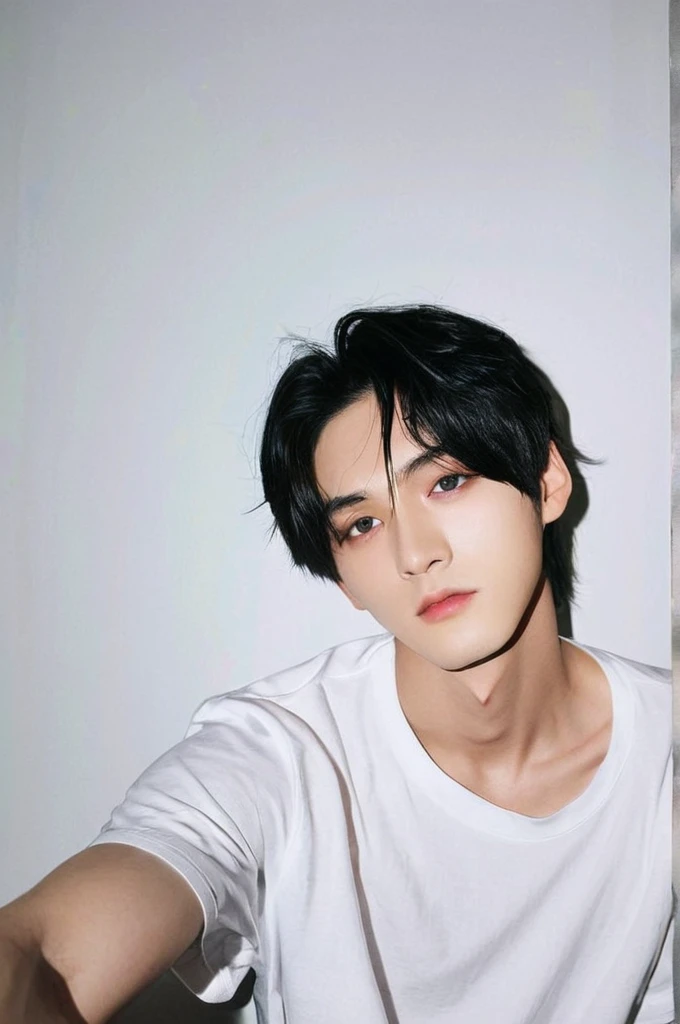 One boy、Young man with black hair（Mash Straight)((long hair)），Male K-Pop Idols、Levi Ackerman、Medium portrait、chop、Beautiful Model、Oval Face、Vivid、Selfie、（In a dark room）、The whole body is shown、((Full body photo))