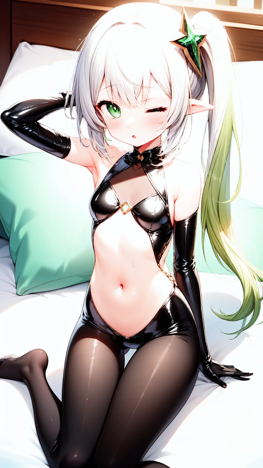 1girl,masterclass,best quality, illustration, solo, nahidadef, reverse bunnysuit, ;o, one eyes closed,on bed,blush, small breasts, sitting, thigh gap, arm up, arm behind head